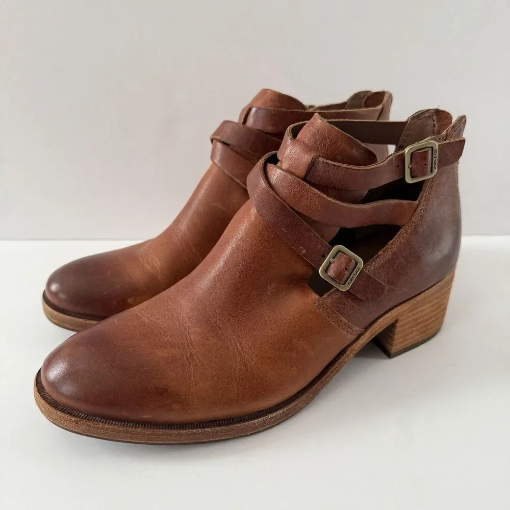Kork-Ease Jardin Brown Leather Strappy Cut Out Ankle Booties Block Heel Size 8